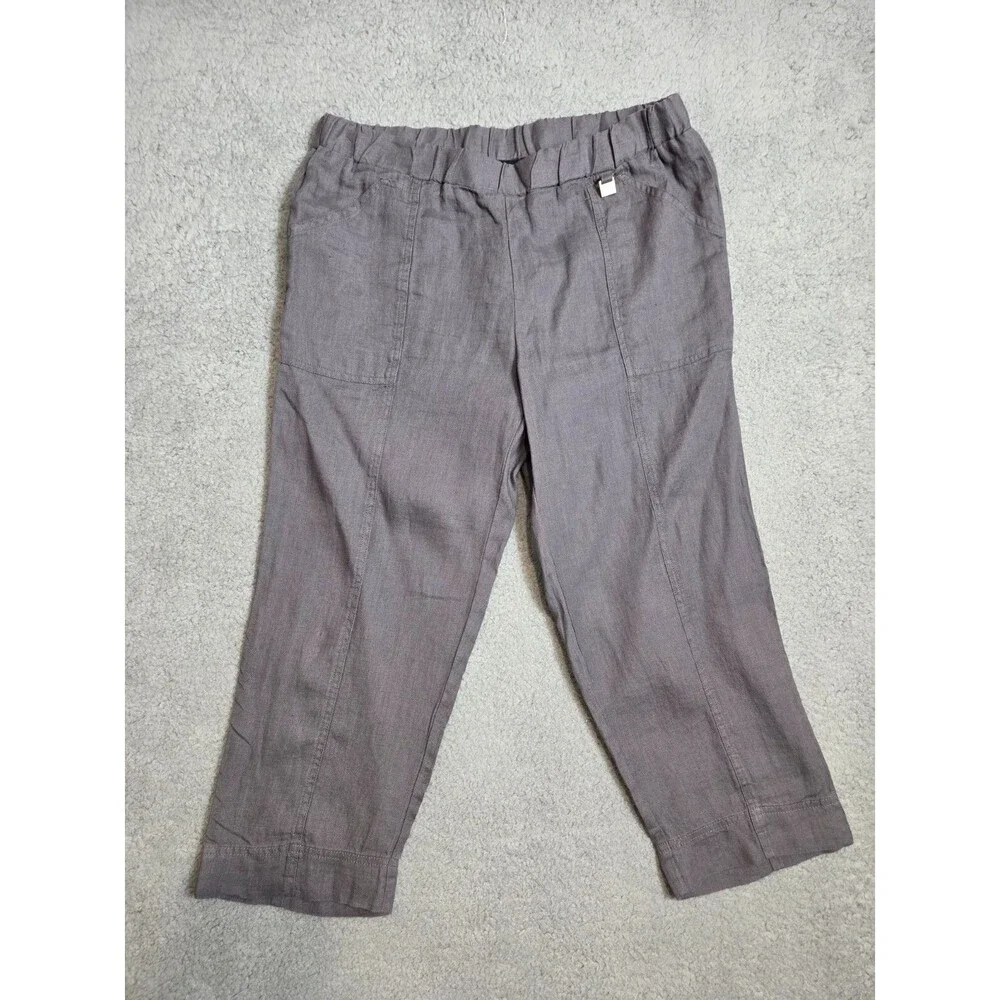 Ellen Tracy Linen Convertible Pants Womens Cropped Straight M Gray Elastic Waist